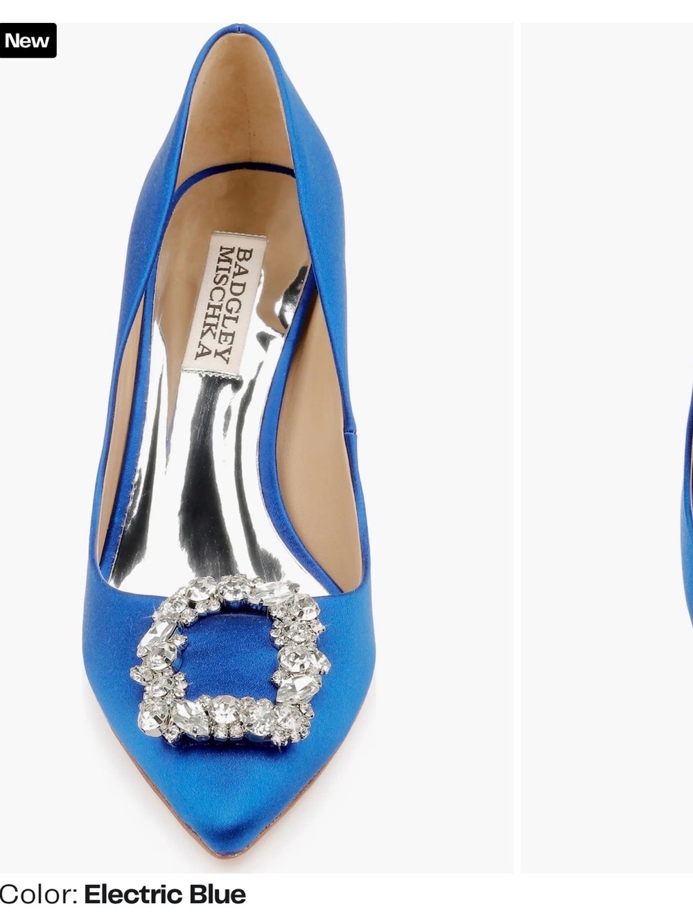 Badgley Mischka Electric Blue Satin Pointed Toe Pump with Crystal Square Accent